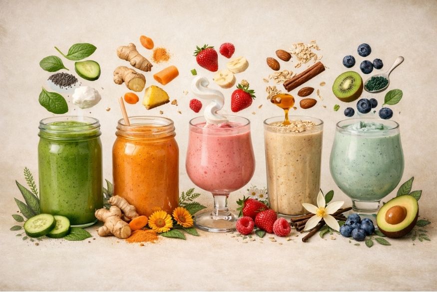 Top 5 smoothies for gut health showcase: Artfully arranged smoothie collection featuring five distinct glass vessels.