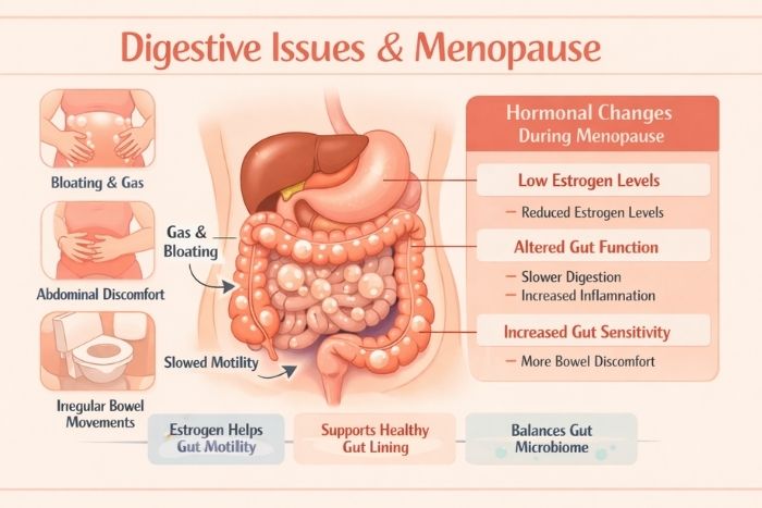 An infographic showing digestive issues and menopause in women.