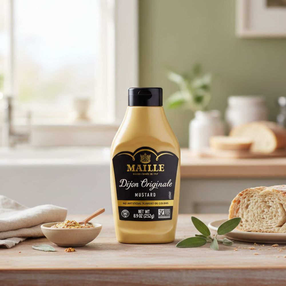 Maille Dijon Mustard on top of a kitchen counter with a small bowl of mustard and bread beside it.