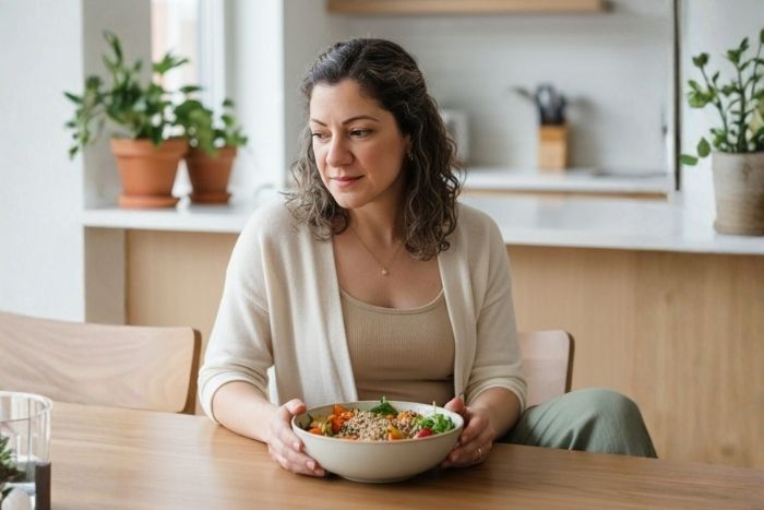Woman sitting at a kitchen table with a bowl of salad. A look of discomfort on her face.