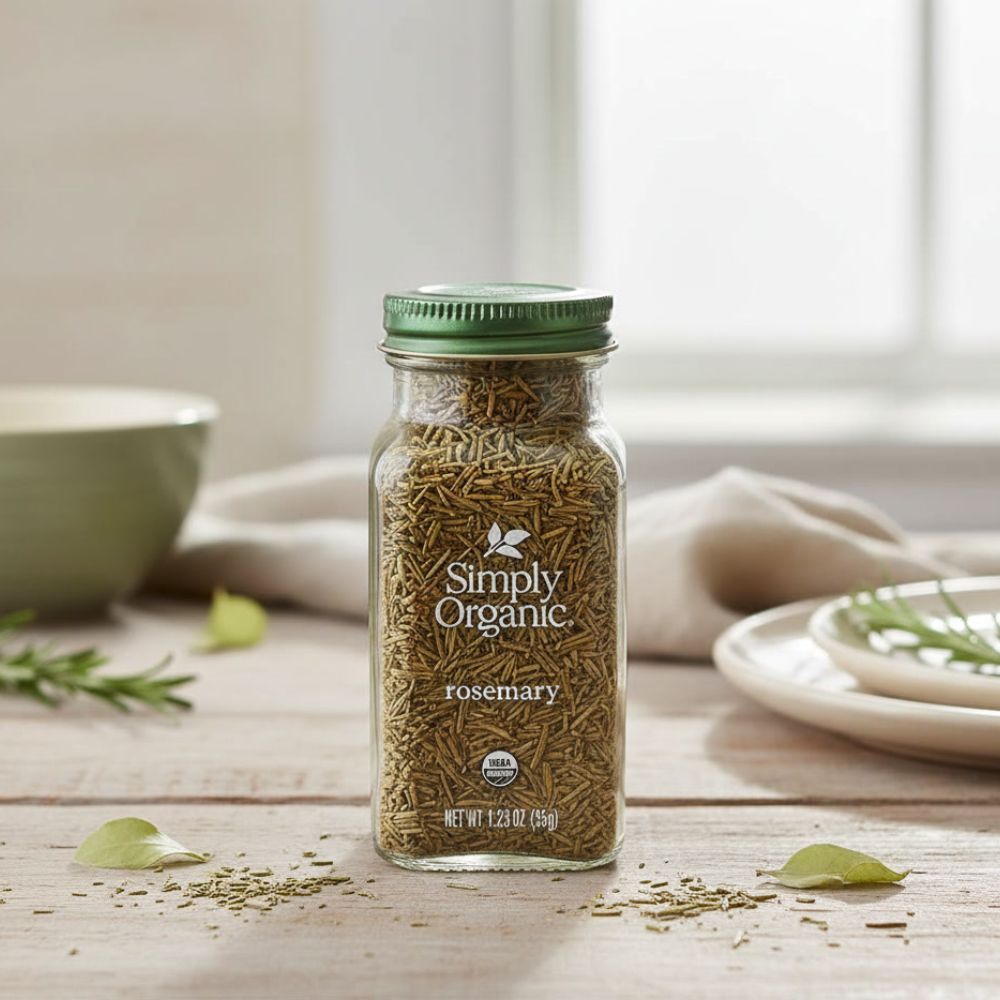 Simply Organic Whole Rosemary Leaf, 1.23 Ounce bottle on a kitchen counter with a bowl and plate next to it.