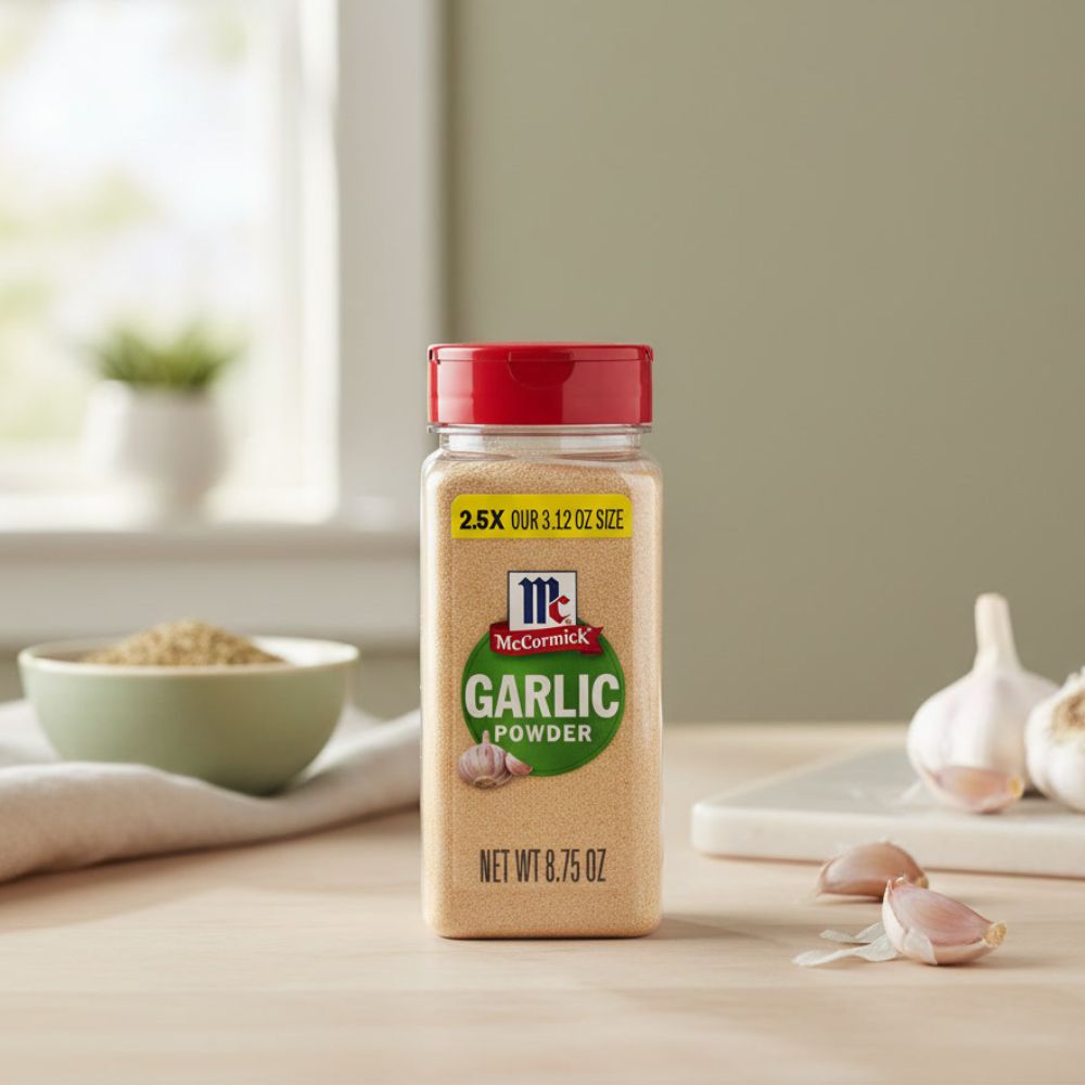 McCormick Garlic Powder, 8.75 oz container on a kitchen counter with fresh garlic next to it.