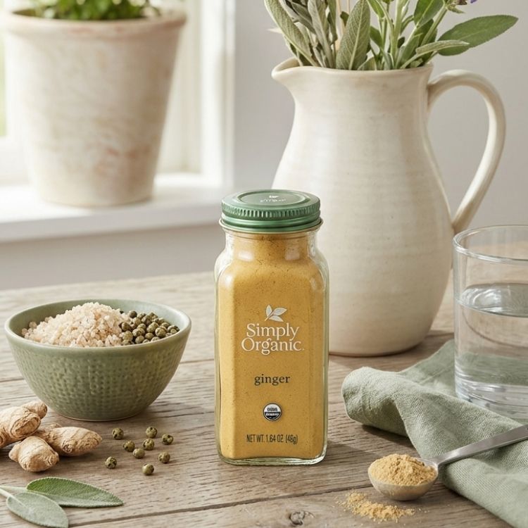 Bottle of ginger powder on a kitchen table with herbs, whole ginger and a teaspoon of ginger powder next to it.