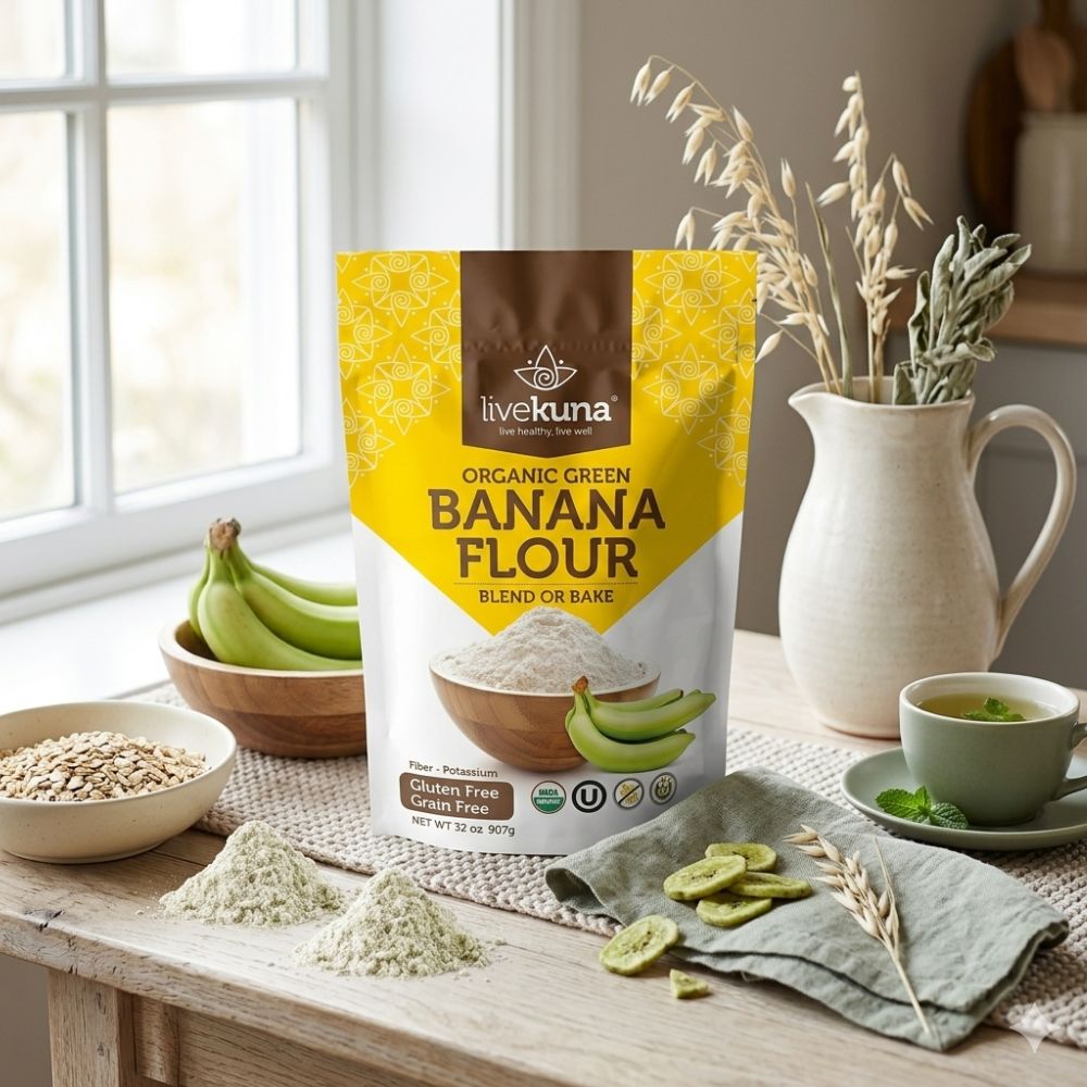 A package of green banana flour on a table next to a window in a kitchen.