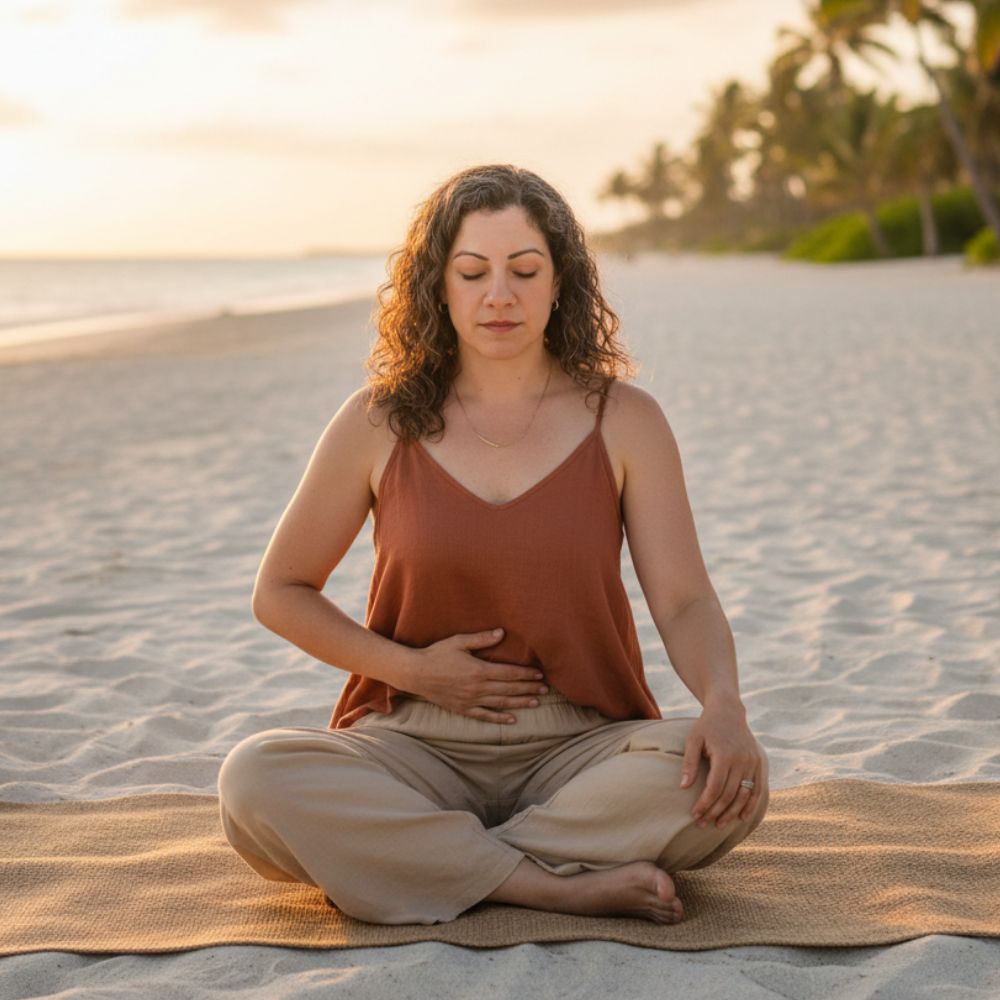 Woman sitting on a blanket on a tropical beach meditating