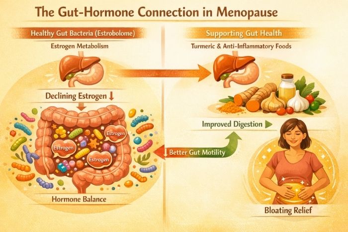 A diagram of the gut-hormone connection in women in menopause