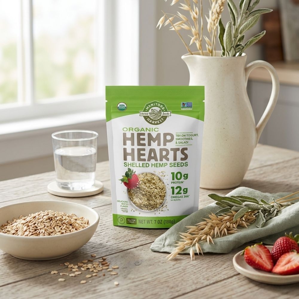 A bag of hemp seeds sitting on a table next to a glass of water and other products.