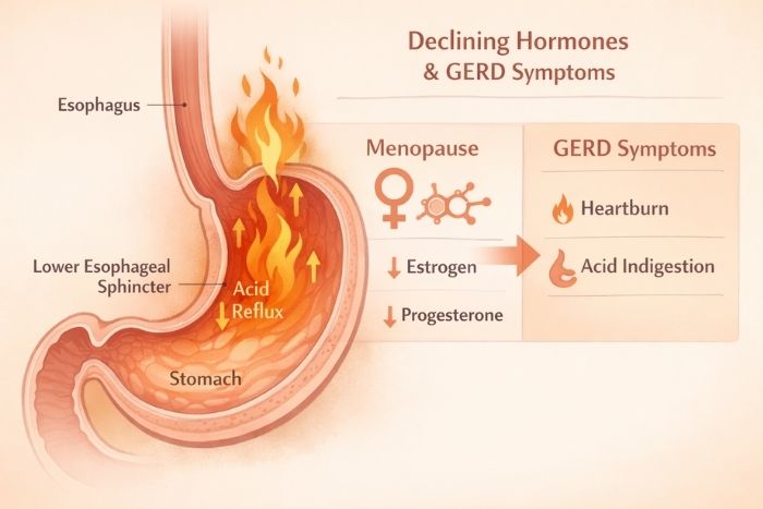 Conceptual medical illustration in landscape format showing the esophagus and stomach with visual indicators of acid reflux, gentle flames or upward arrows representing heartburn.