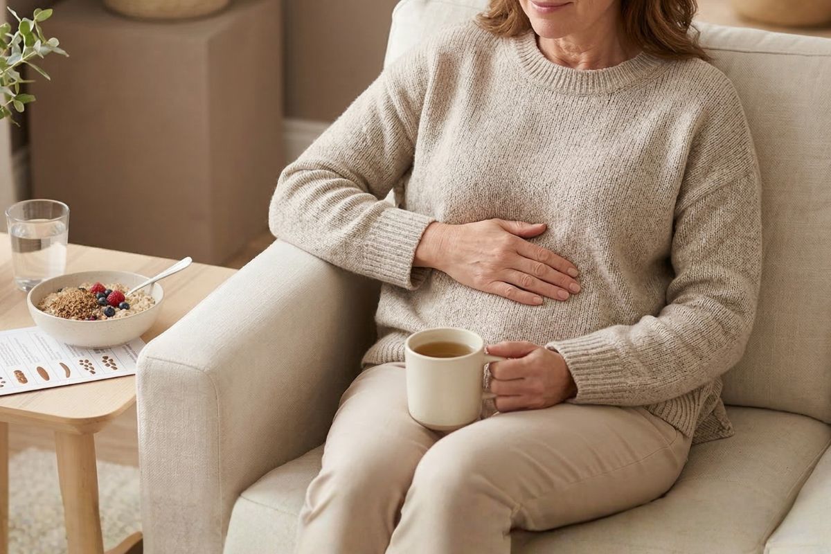 A woman sitting on the sofa with a mug in her hand, a bowl of oatmeal and a glass of water nearby wondering, "is constipation a symptom of menopause?"