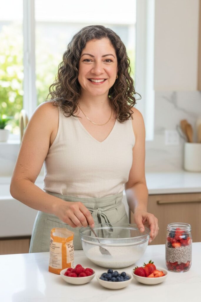 woman making chia seed pudding in a kitchen with ingredients on the counter.