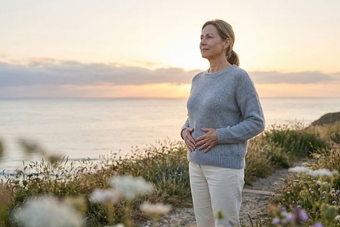 Woman standing holding her stomach on a path of flowers during sunset.