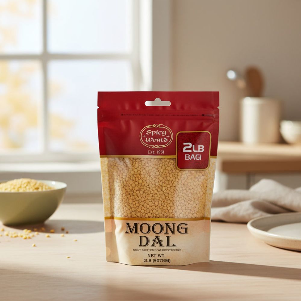 Moong Dal 2 LB bag of Indian Golden Lentils on a kitchen counter with a bowl of lentils behind it.