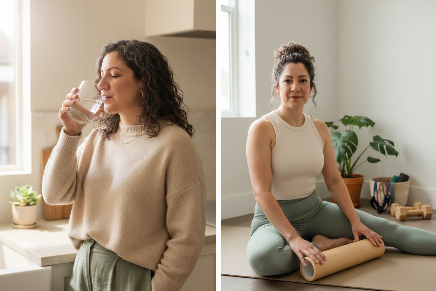 Split image of a woman drinking water on one side and doing yoga on the other side.