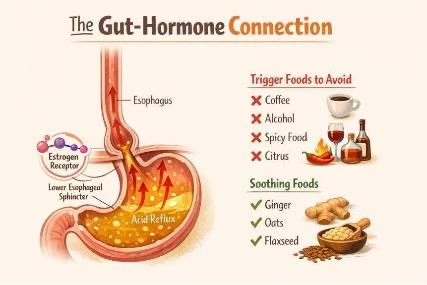 An infographic showing a simplified diagram of the gut-hormone connection: a stylized illustration of the esophagus and lower esophageal sphincter with a small estrogen receptor icon, and arrows showing acid movement.