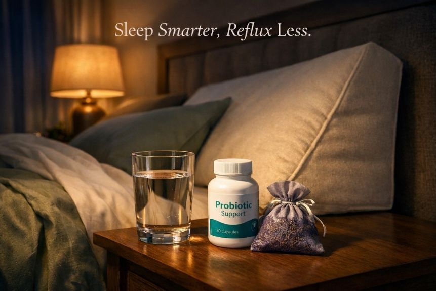 A calming scene showing a woman's nightstand with a glass of water, a probiotic supplement bottle, a lavender sachet, and a wedge pillow propped against the headboard.