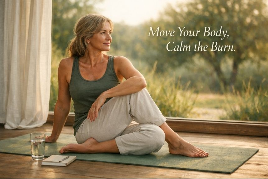 A woman in her early 50s doing gentle yoga on a mat near a sunlit window, in a low-stress child's pose or seated twist. A glass of water and a small notebook sit nearby.