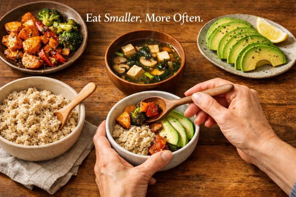 A colorful, gut-friendly meal spread on a wooden table: small portions of roasted vegetables, a bowl of miso soup, sliced avocado, and a side of cooked oats. A woman's hands are portioning food into a smaller bowl, illustrating the concept of smaller, more frequent meals.