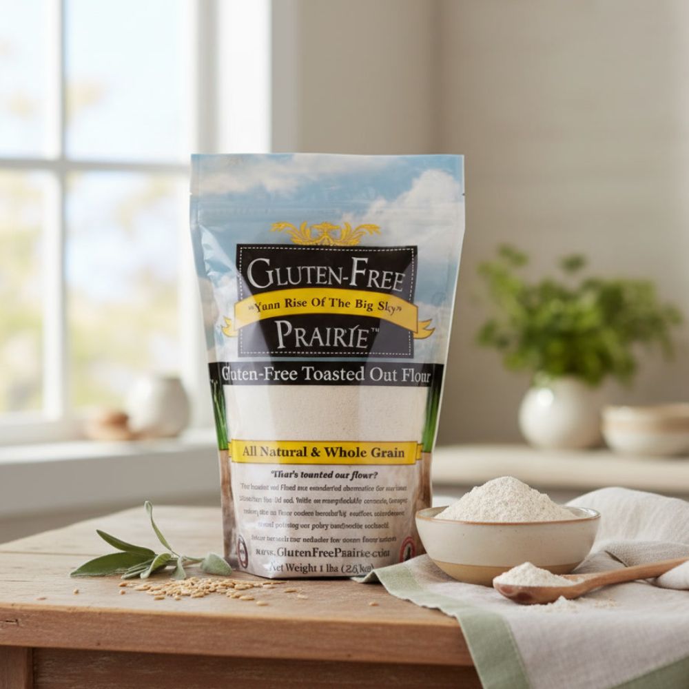 One Pound bag of Gluten-Free Prairie Toasted Oat Flour on a kitchen counter with a bowl of oat flour next to it.