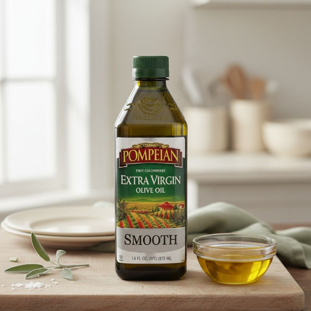 Pompeian Smooth Extra Virgin Olive Oil, 16 FL Oz bottle on a kitchen counter with a small bowl of olive oil next to it.