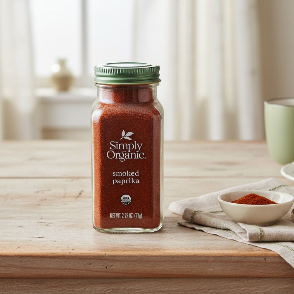 Simply Organic Smoked Paprika, 2.72 Ounce bottle on a kitchen counter with some product in a small bowl next to it.