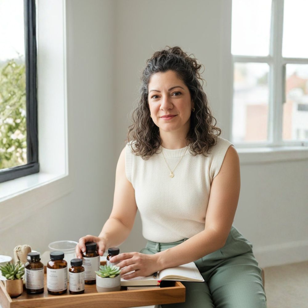 A woman sitting at a table with supplements writing products for menopause in a notebook.