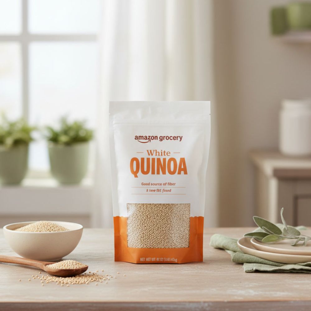 Amazon Grocery White Quinoa, 16 Oz bag on top of a kitchen counter with a bowl of quinoa next to it.