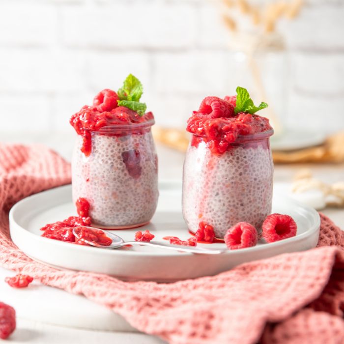 Raspberry Chia Seed Puddings on a platter
