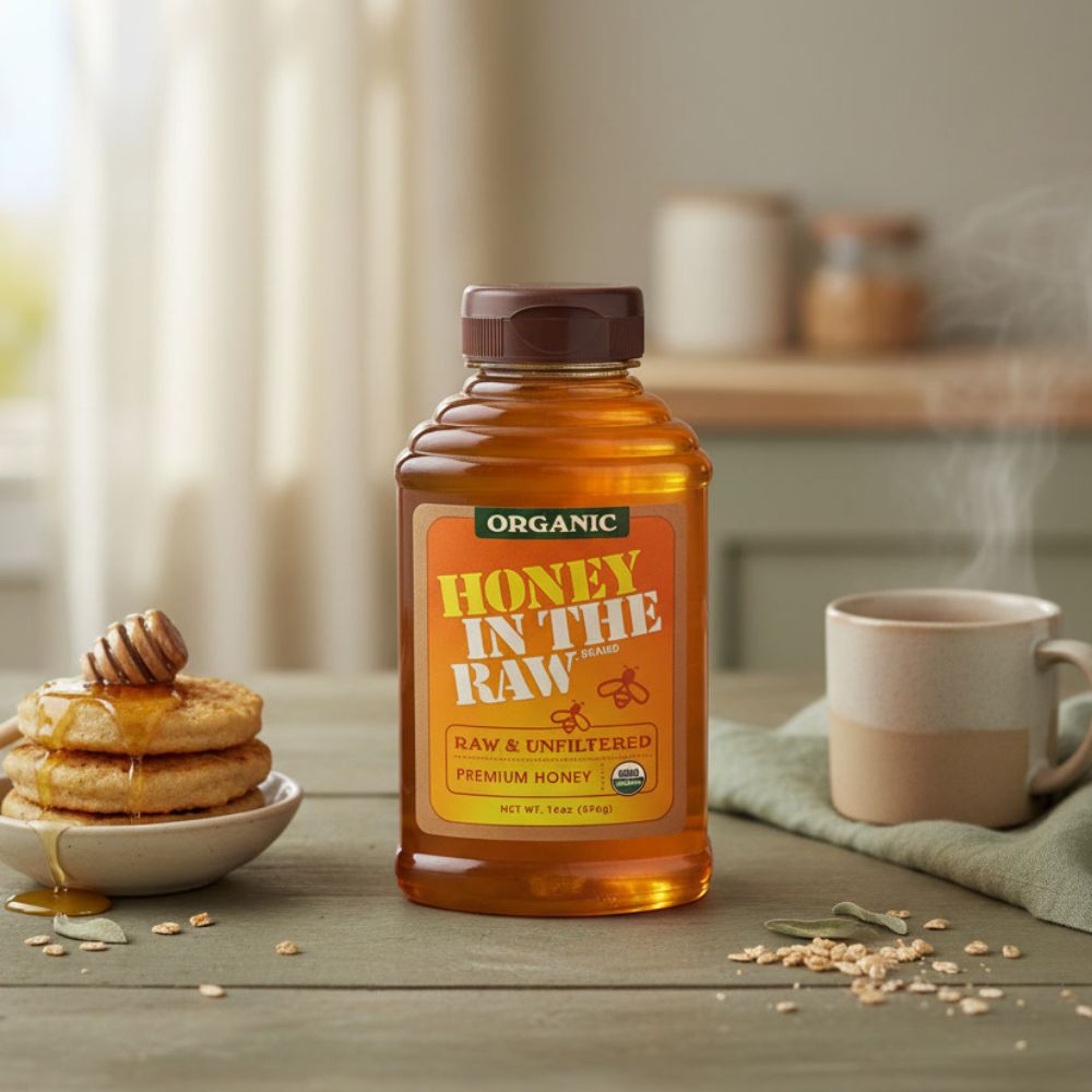 Organic Honey In The Raw, 14 oz Squeeze Bottle on a kitchen counter with a mug on one side and pancakes on the other side.
