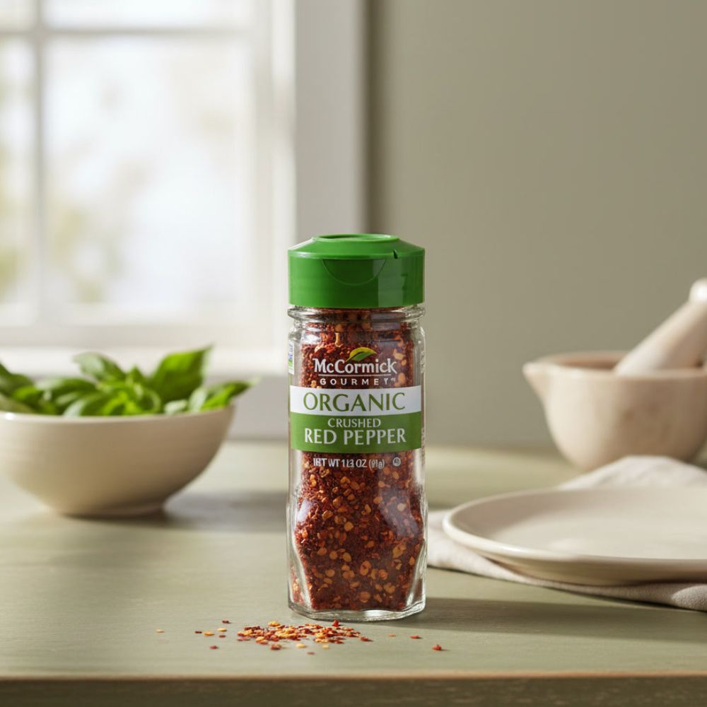 McCormick Gourmet Organic Crushed Red Pepper, 1.12 Oz bottle on a kitchen counter with a grinder and a bowl of spinach behind it.