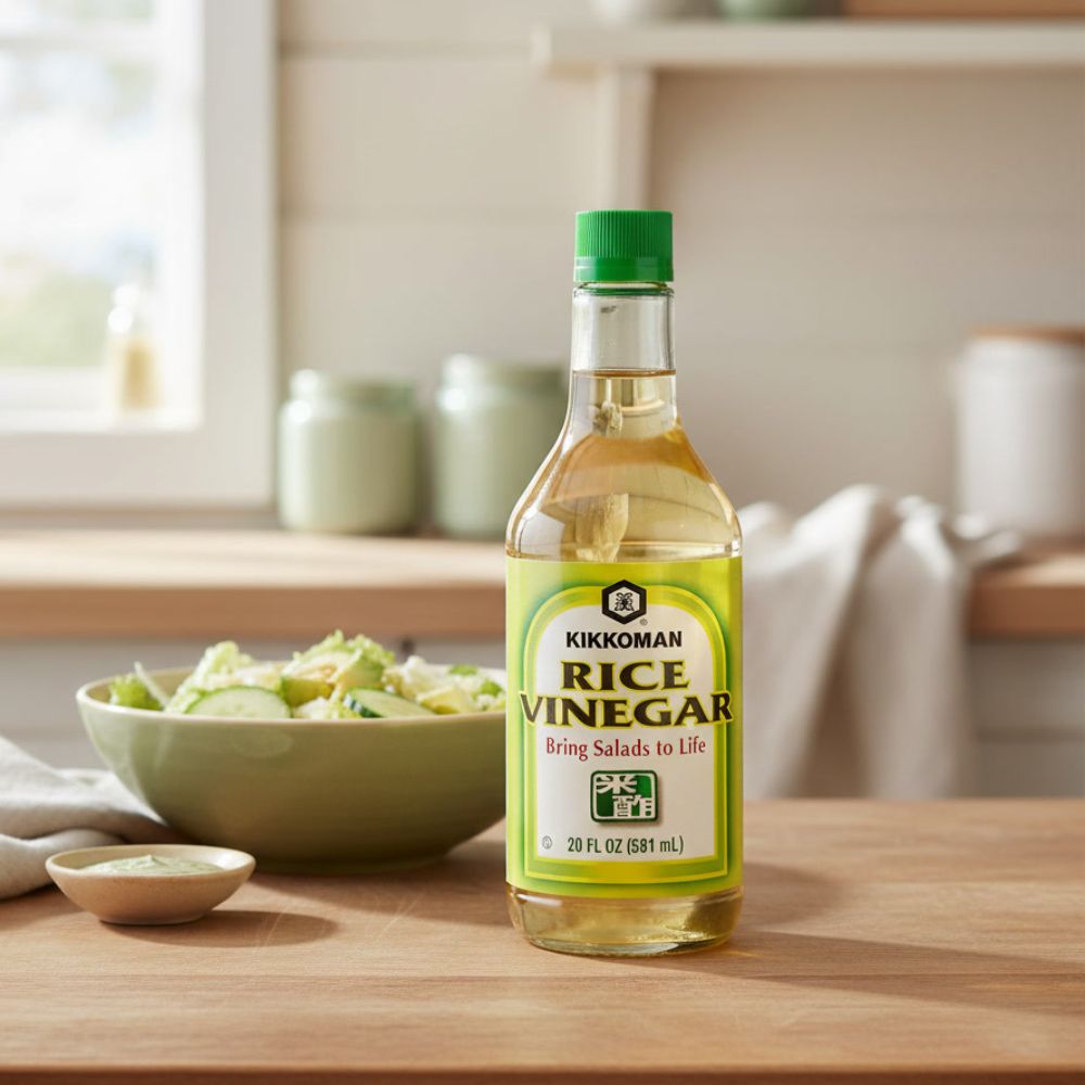 Kikkoman Rice Vinegar, 20 Ounce bottle on a kitchen counter with a bowl of salad behind it.