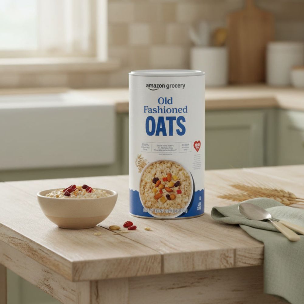 A container of rolled oats on a kitchen counter with a bowl of oatmeal next to it.