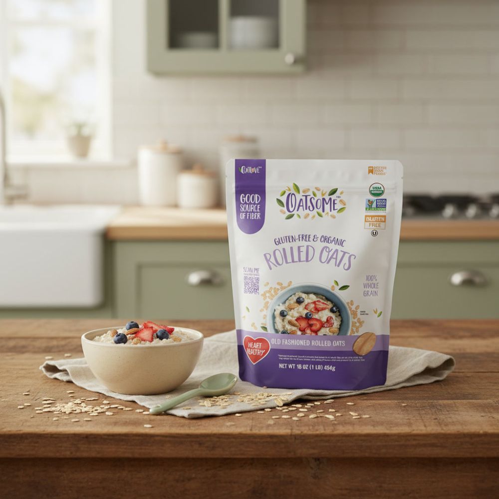 Oatsome Rolled oats package on a kitchen table with a bowl of oatmeal next to it.