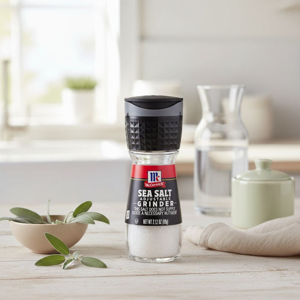 McCormick Sea Salt Grinder, 2.12 oz container on top of a kitchen counter.
