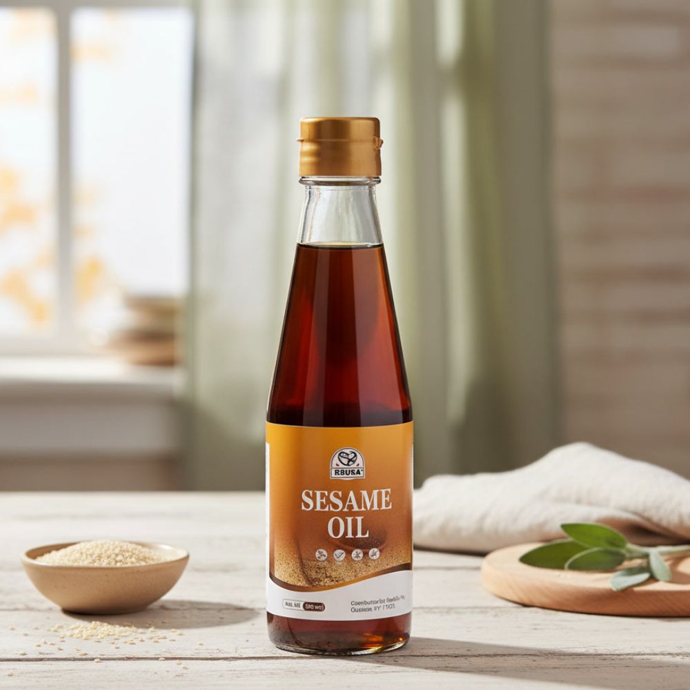 52USA Sesame Oil, Toasted Sesame Oils, Sesames Oil Cooking, 8.45 Fl Oz bottle sitting on a kitchen counter.
