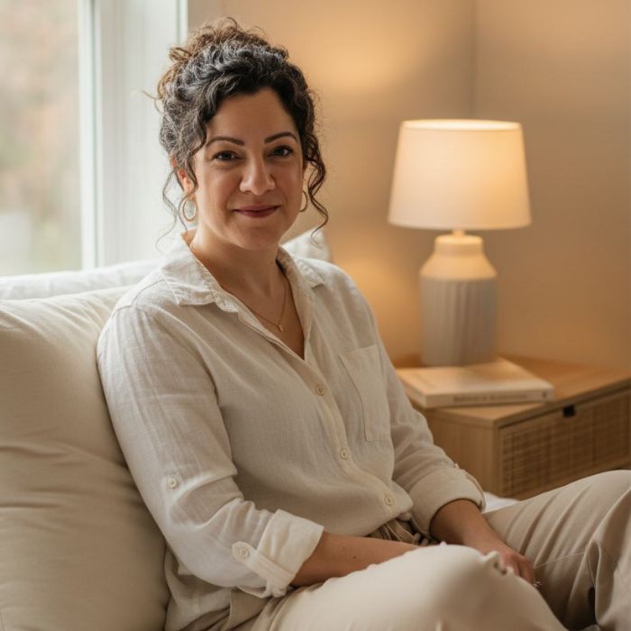 Woman sitting on a bed with a window behind her.
