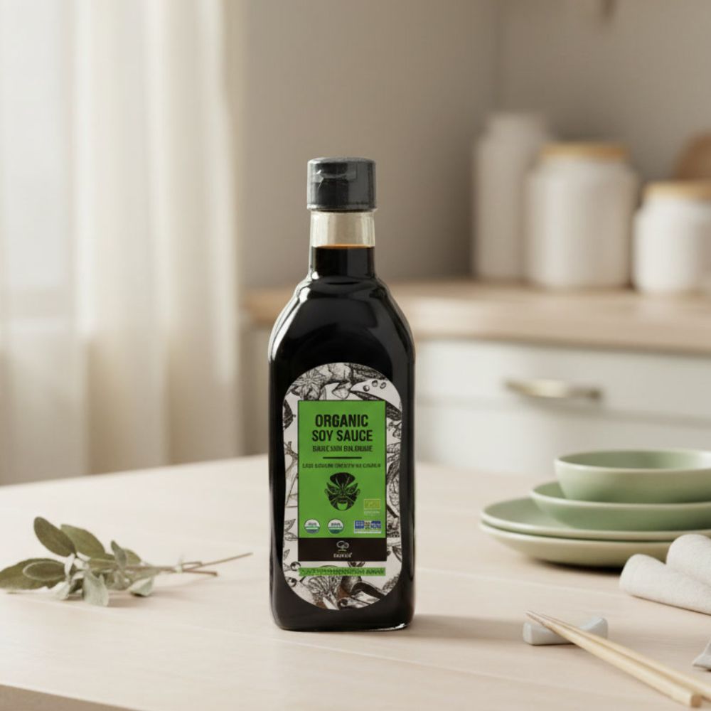 Soeos Low Sodium, Organic Soy Sauce on the kitchen counter.