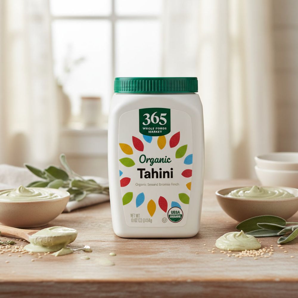 365 by Whole Foods Market, Organic Tahini, 16 Ounce container on a kitchen counter with two bowls of tahini next to him.