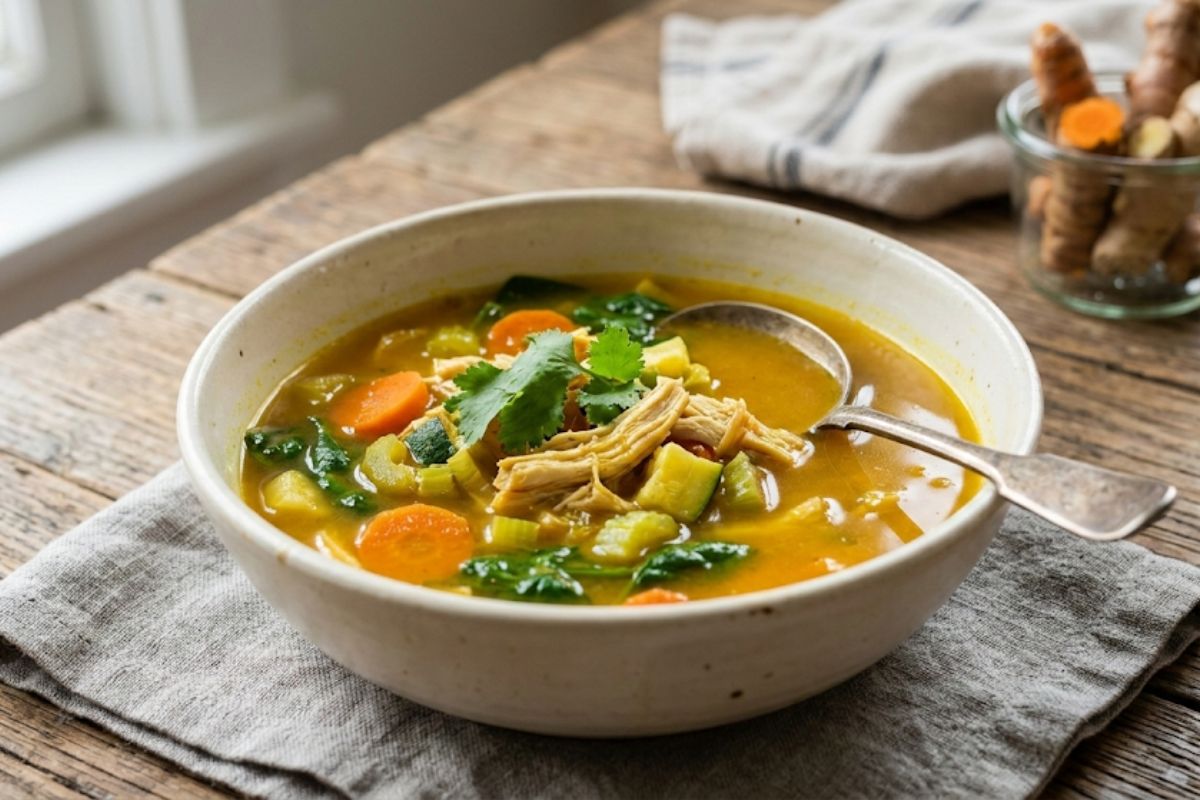a sideview of a bowl of turmeric broth detox soup sitting on a table.