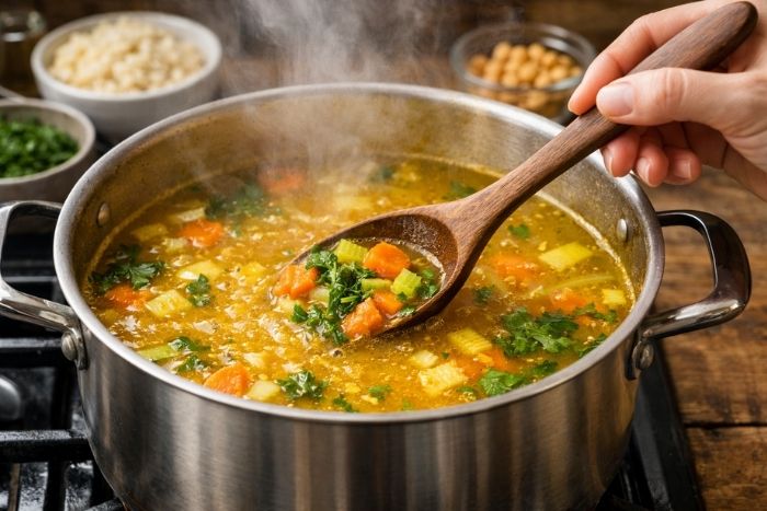 Photograph showing large pot on stovetop with golden turmeric broth simmering, wooden spoon stirring.