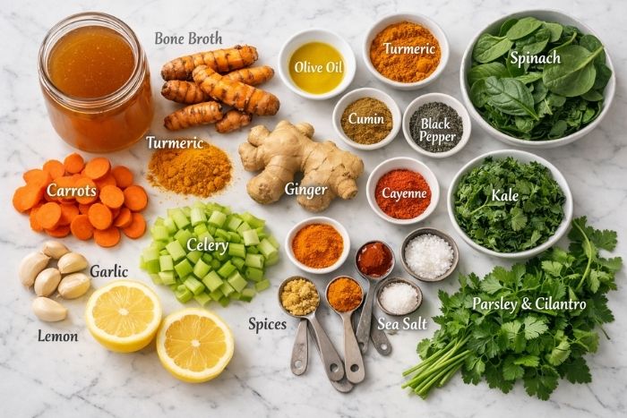 Overhead flat lay photograph of all ingredients for turmeric broth detox soup arranged in organized sections on white marble surface.