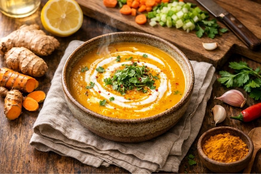 Turmeric Detox Soup with other ingredients surrounding it