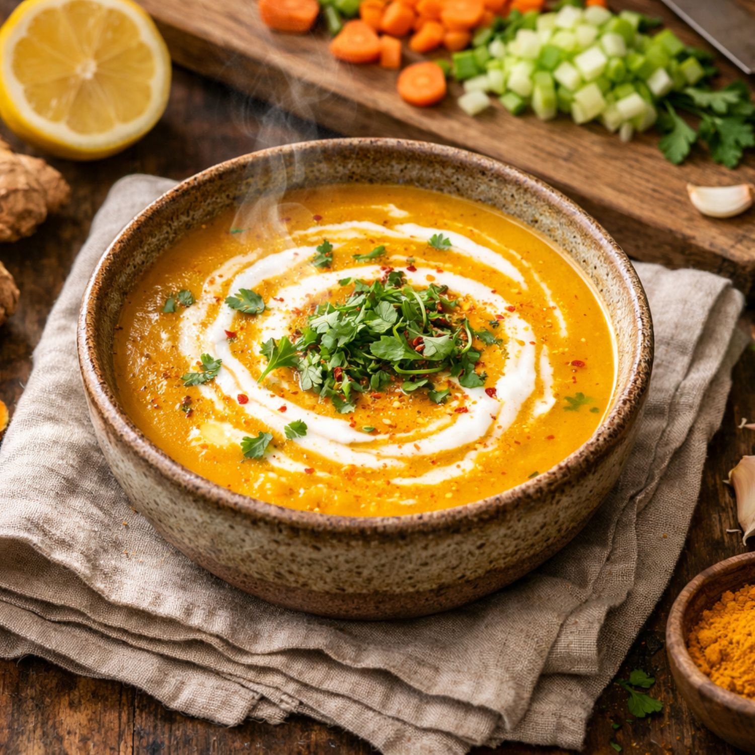 Turmeric Broth Detox Soup in a bowl surrounded by the ingredients to make it.