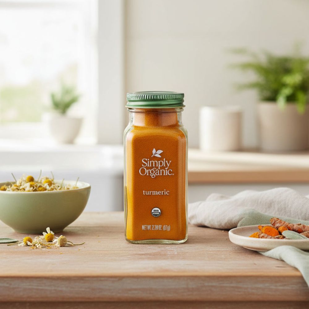Simply Organic Ground Turmeric Root bottle on a kitchen counter with turmeric in a bowl behind it.