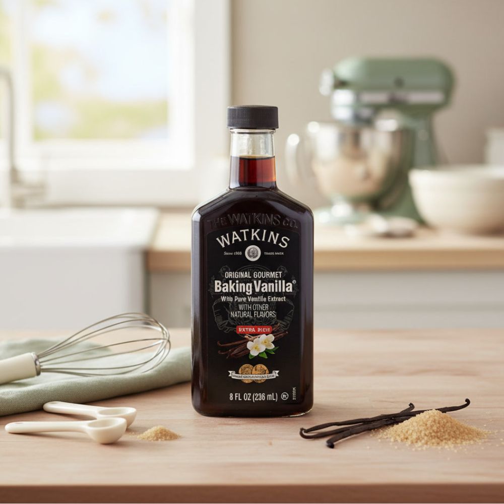 Watkins All Natural Original Gourmet Baking Vanilla Extract bottle on a kitchen counter with vanilla beans on one side and baking tools on the other.