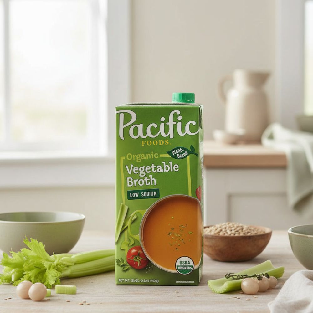 Pacific Foods Organic Low Sodium Vegetable Broth, 32 oz container on a kitchen counter with celery next to it.