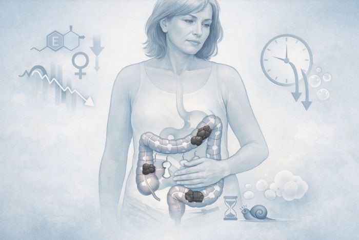 Editorial medical illustration depicting constipation during menopause. Digestive Issues and menopause are very common in women.