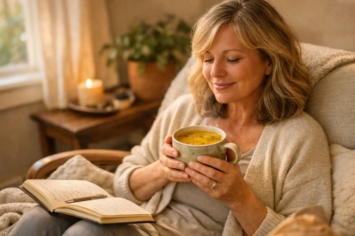 Lifestyle photograph of a woman in her 50s sitting comfortably in a cozy chair near a window, holding a warm mug of turmeric broth detox soup.