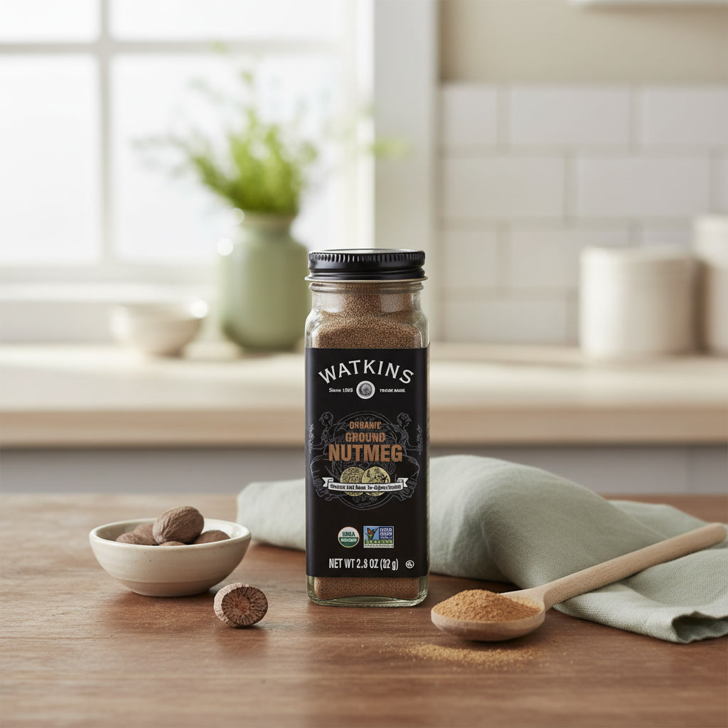 Watkins Gourmet Organic Spice Jar, Ground Nutmeg, 2 8 Ounce jar on a kitchen counter with a bowl and wooden spoon of cinnamon beside it.