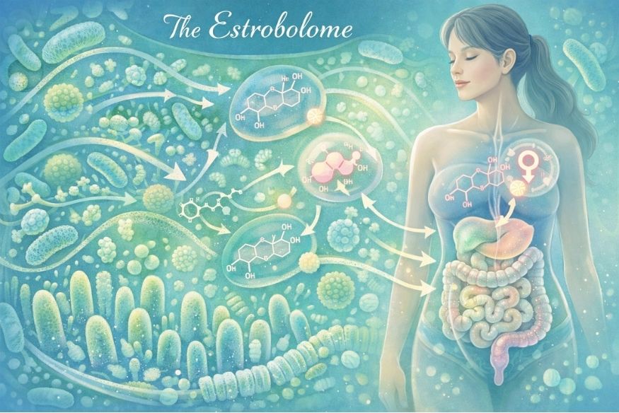 Intricate microbiome visualization showing gut bacteria ecosystem as a complex, colorful network.