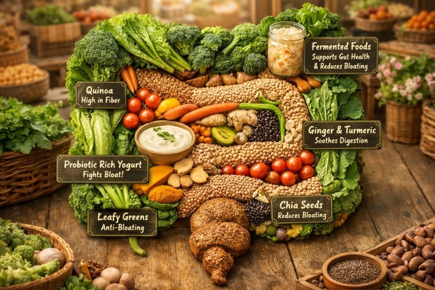 Vibrant farmer's market scene with fresh, whole foods arranged in an anatomical digestive tract shape. These foods reduce menopause bloating.